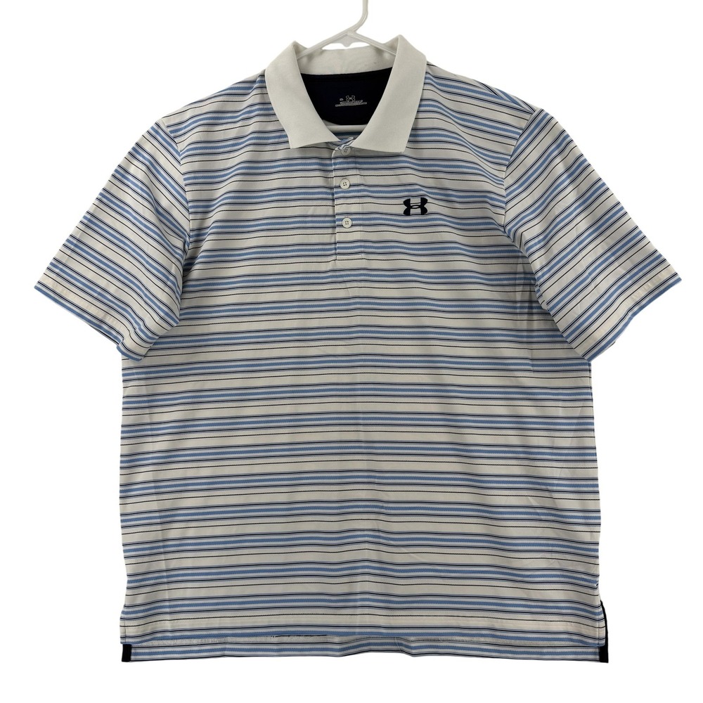Under Armour Polo Shirt Mens XL White Blue Stripe Stretch Golf Performance Top
